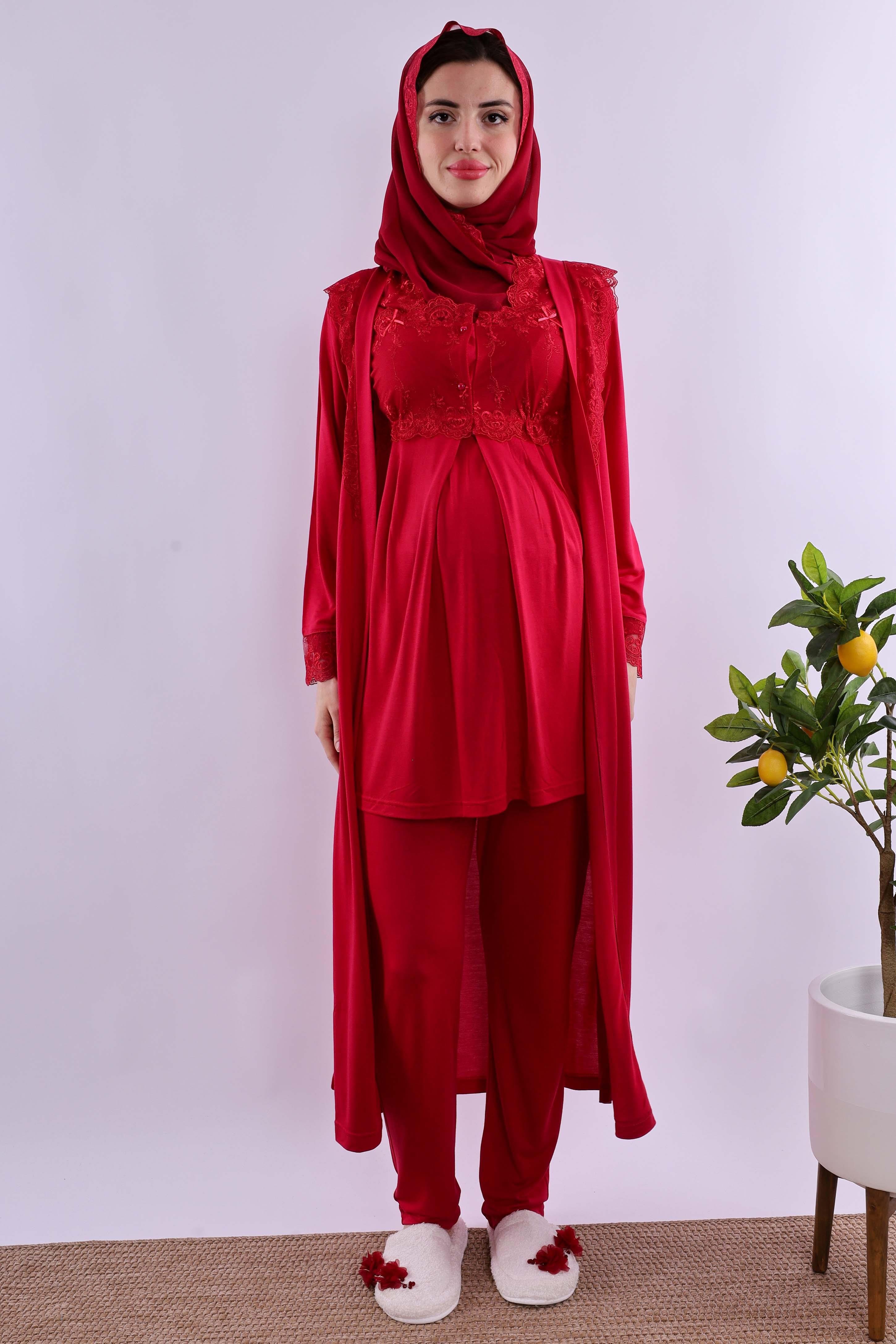 Effortt Vişne Tesettürlü Uzun Sabahlıklı Hamile Lohusa Pijama Takımı BYL2T24072