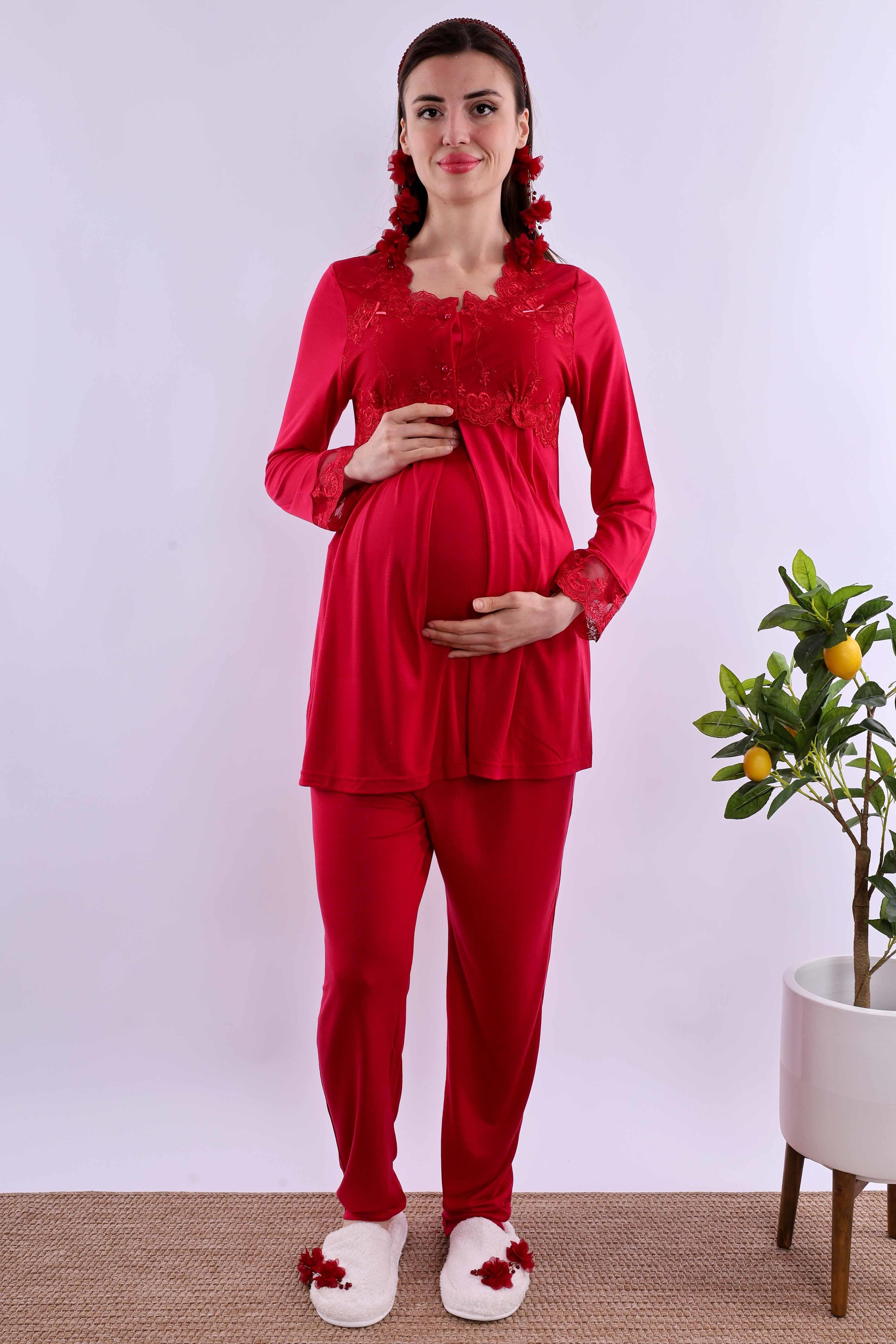 Effortt Vişne Tesettürlü Uzun Sabahlıklı Hamile Lohusa Pijama Takımı BYL2T24072