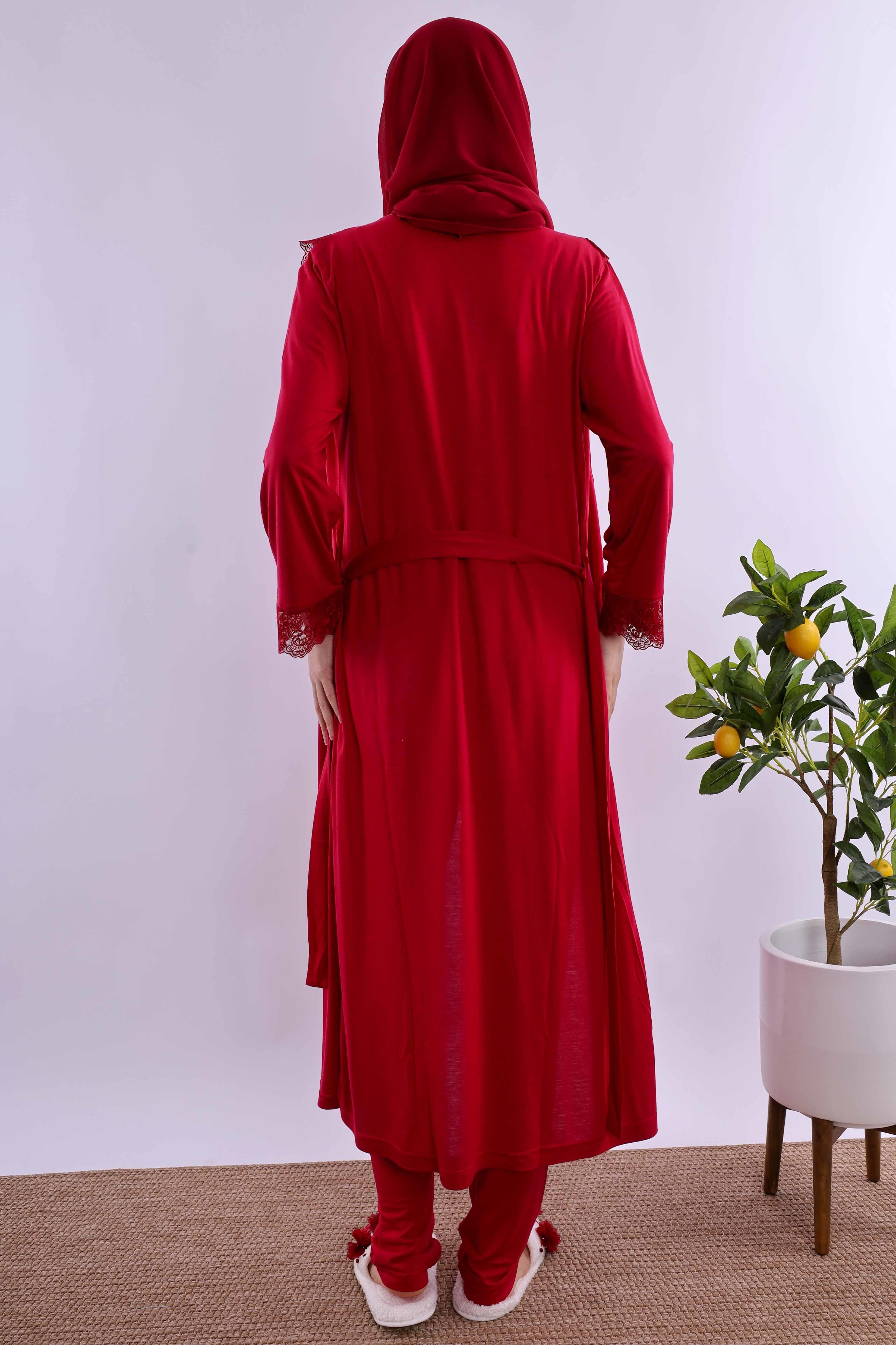 Effortt Vişne Tesettürlü Uzun Sabahlıklı Hamile Lohusa Pijama Takımı BYL2T24072