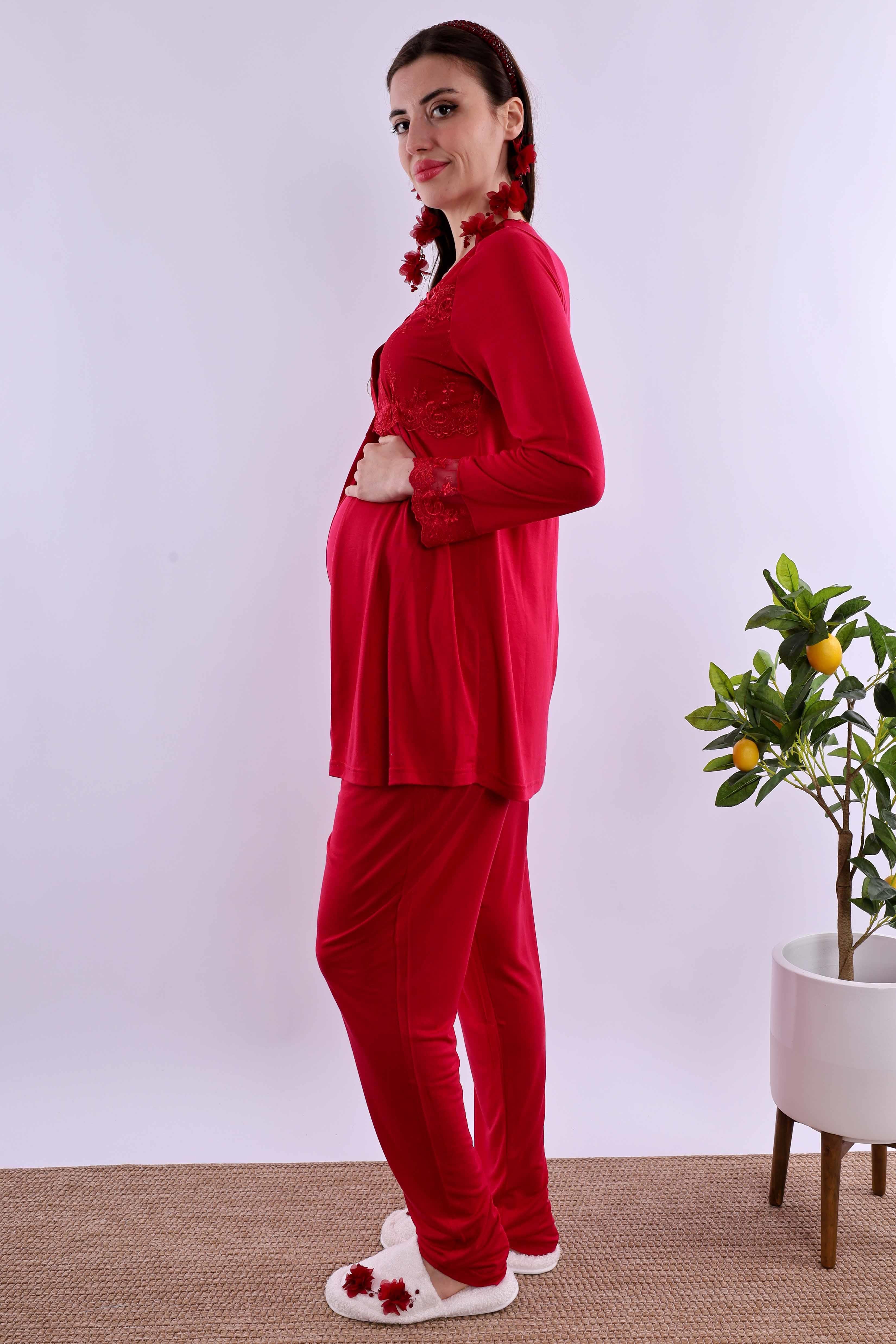 Effortt Vişne Tesettürlü Uzun Sabahlıklı Hamile Lohusa Pijama Takımı BYL2T24072