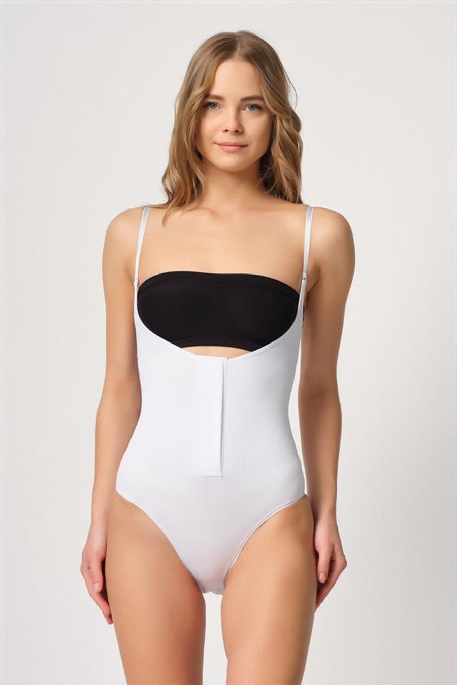 Emay 2043 Beyaz Göğsü Açık Agraflı Body Korse