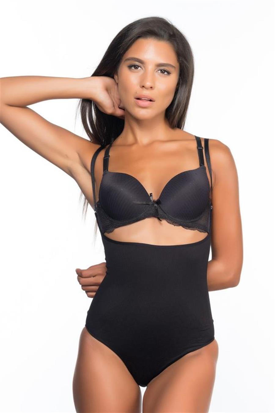 Emay 2073 Siyah İnce Göğsü Açık Desenli Body Korse