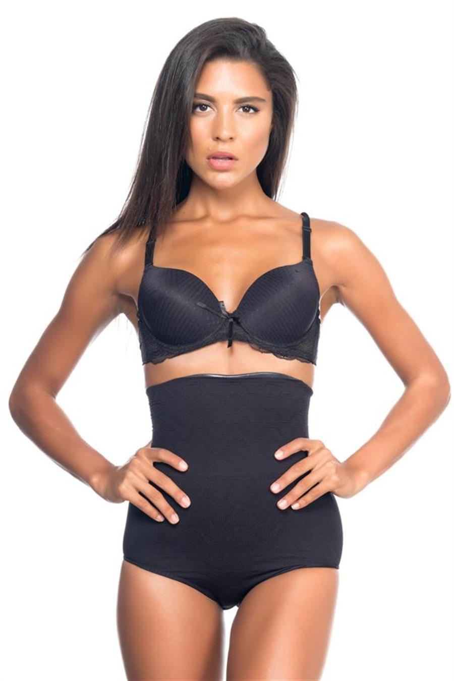 Emay 2079 Siyah Yüksek Bel Desenli Double Slip Korse