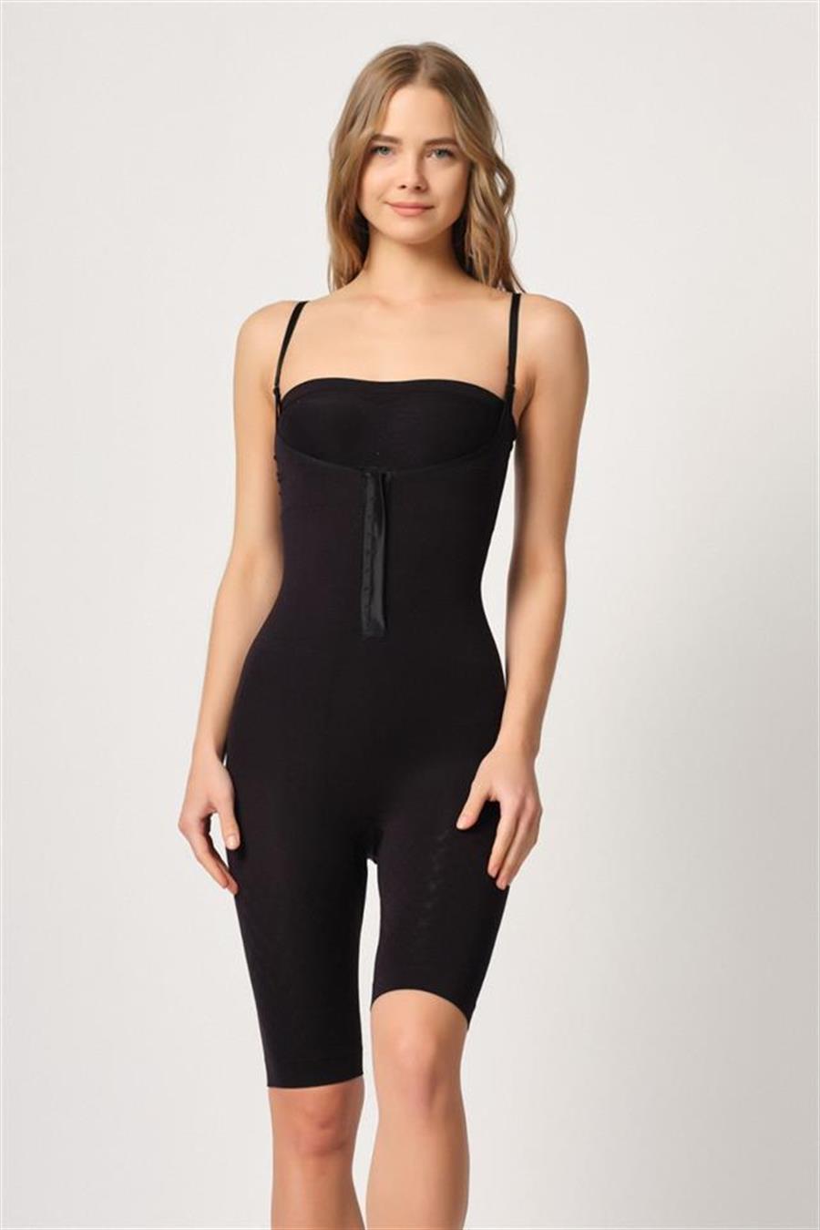 Emay 2093 Siyah Ön Agraflı Göğsü Açık Paçalı Boy Korse