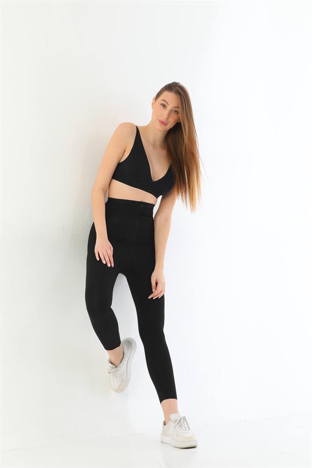 Emay 2711 Siyah Lazer Kesim Fermuarlı Tayt Korse