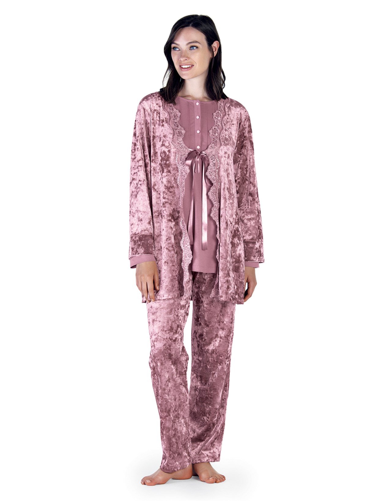 Kadife 3'lü Sabahlık Pijama Takımı (Artış 5309)