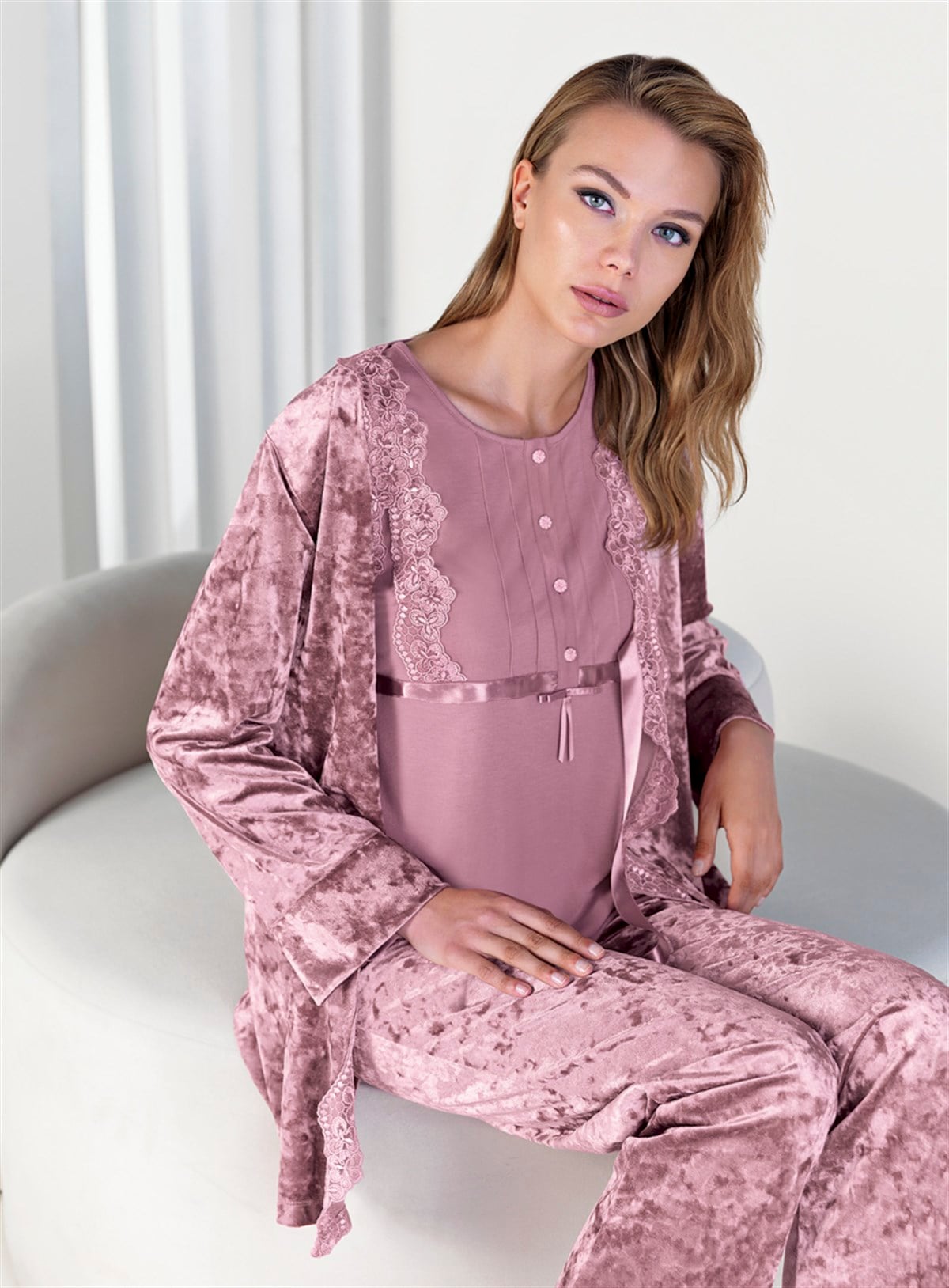 Kadife 3'lü Sabahlık Pijama Takımı (Artış 5309)