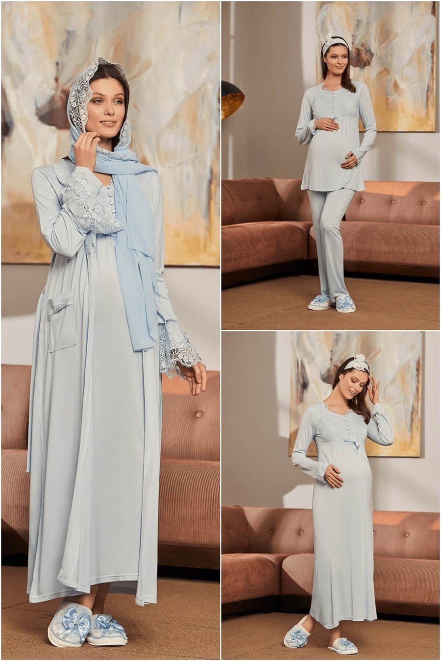 Mecit 1924 Mavi Tesettürlü Hamile Lohusa Set