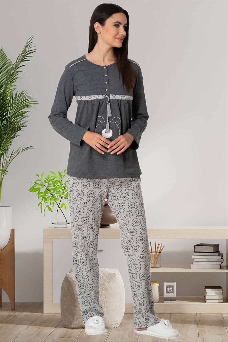 Mecit 5553 Gri Dört Parça Hamile Lohusa Set