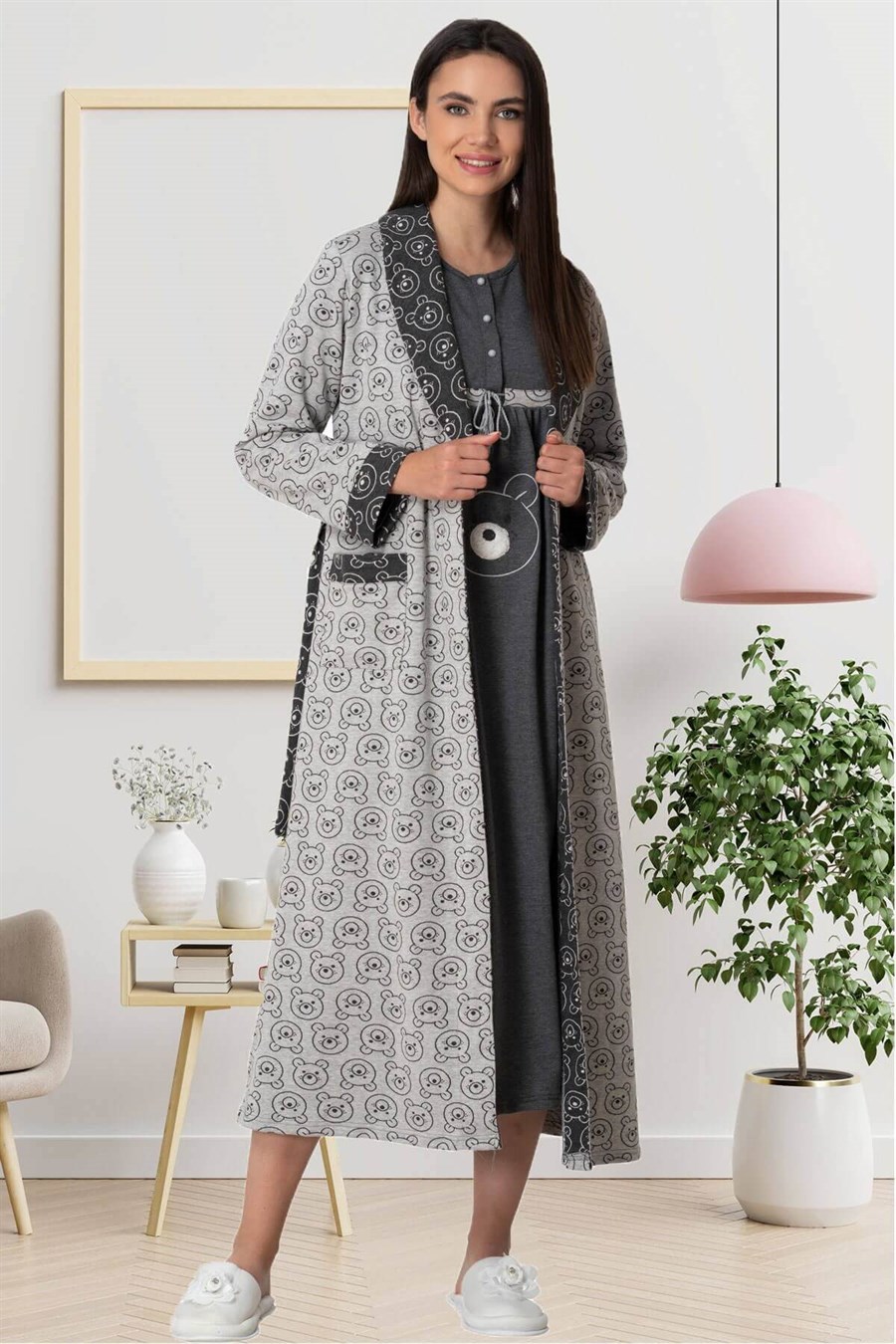 Mecit 5553 Gri Dört Parça Hamile Lohusa Set