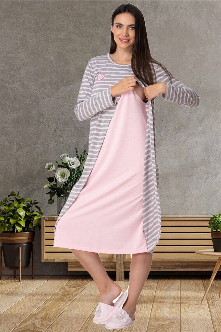 Mecit 5577 Pembe Dört Parça Hamile Lohusa Set