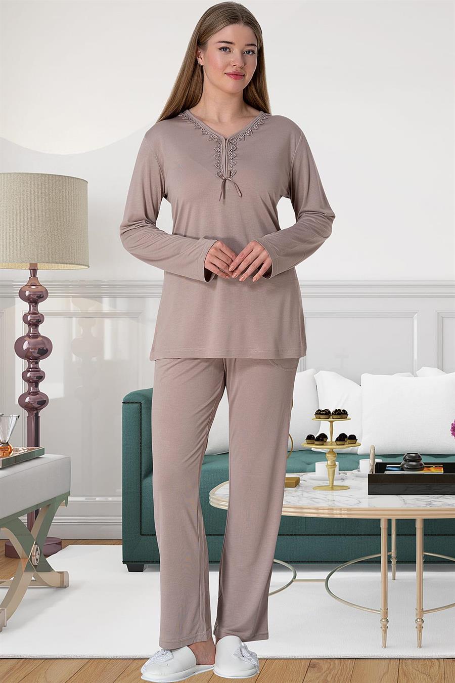 Mecit 5826 Vizon Büyük Beden Sabahlıklı Pijama Takımı