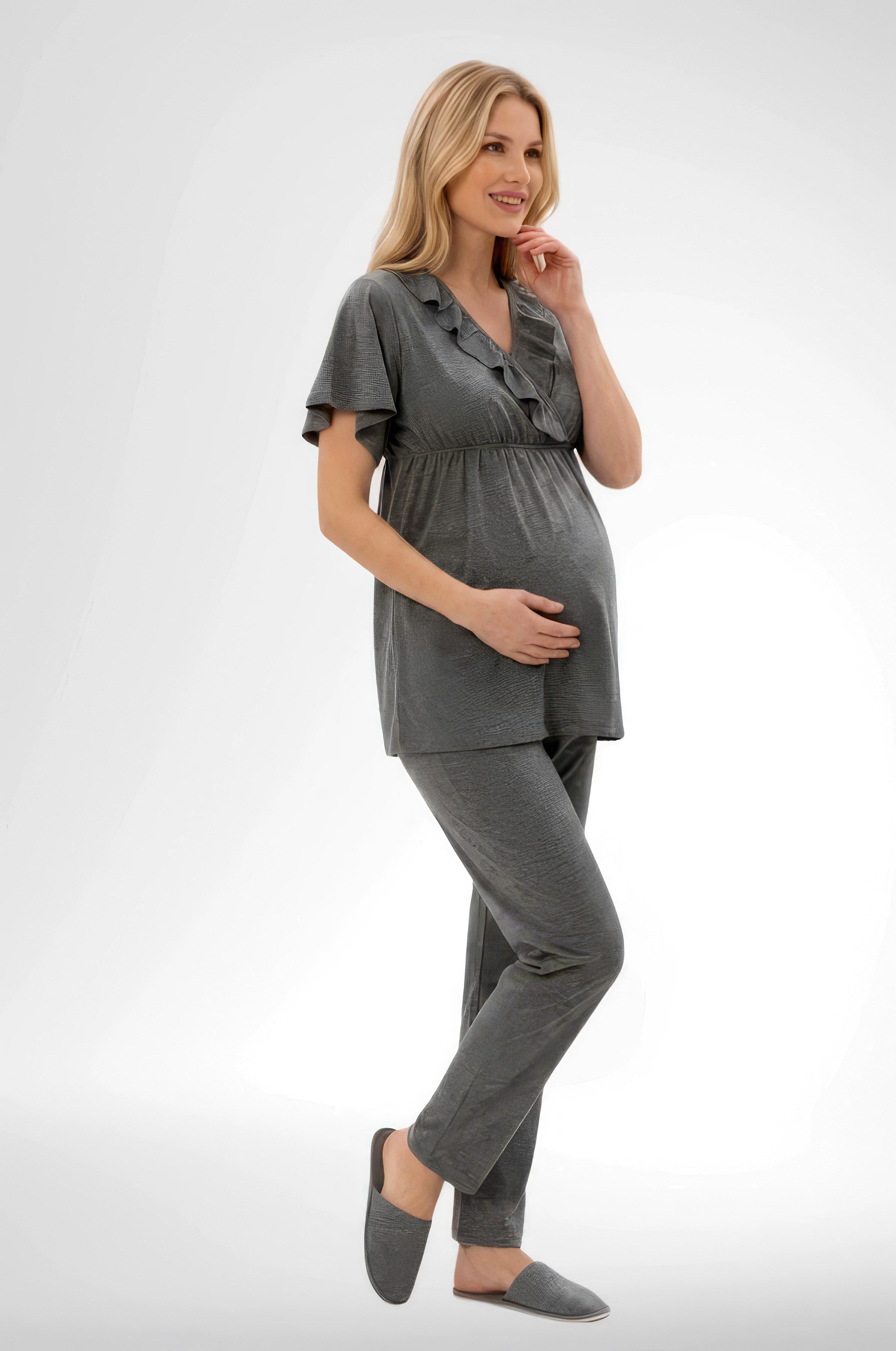 Mecit 6403 Füme Emzirme Özellikli Sabahlıklı Hamile Lohusa Pijama Takımı