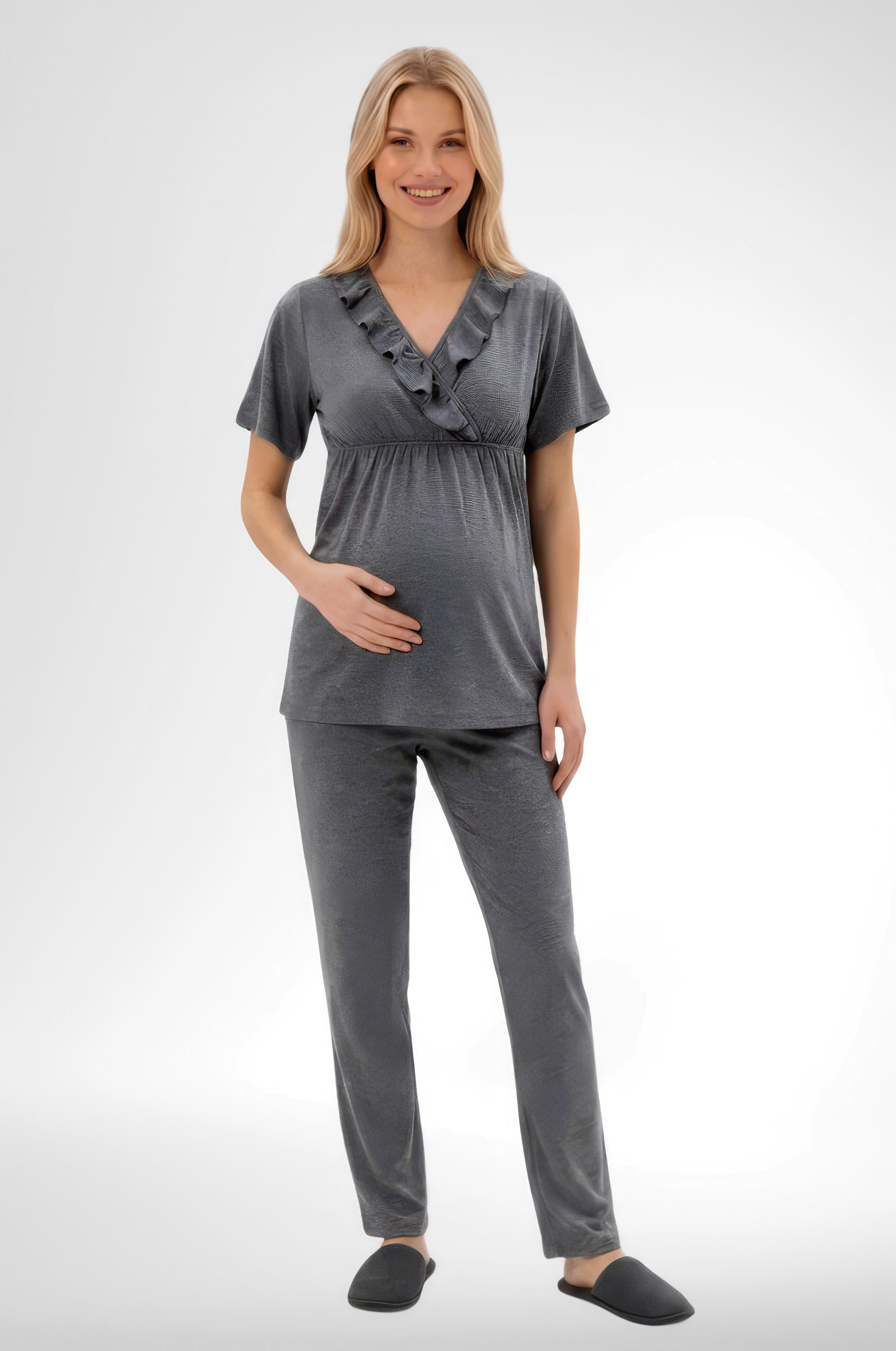Mecit 6403 Füme Emzirme Özellikli Sabahlıklı Hamile Lohusa Pijama Takımı