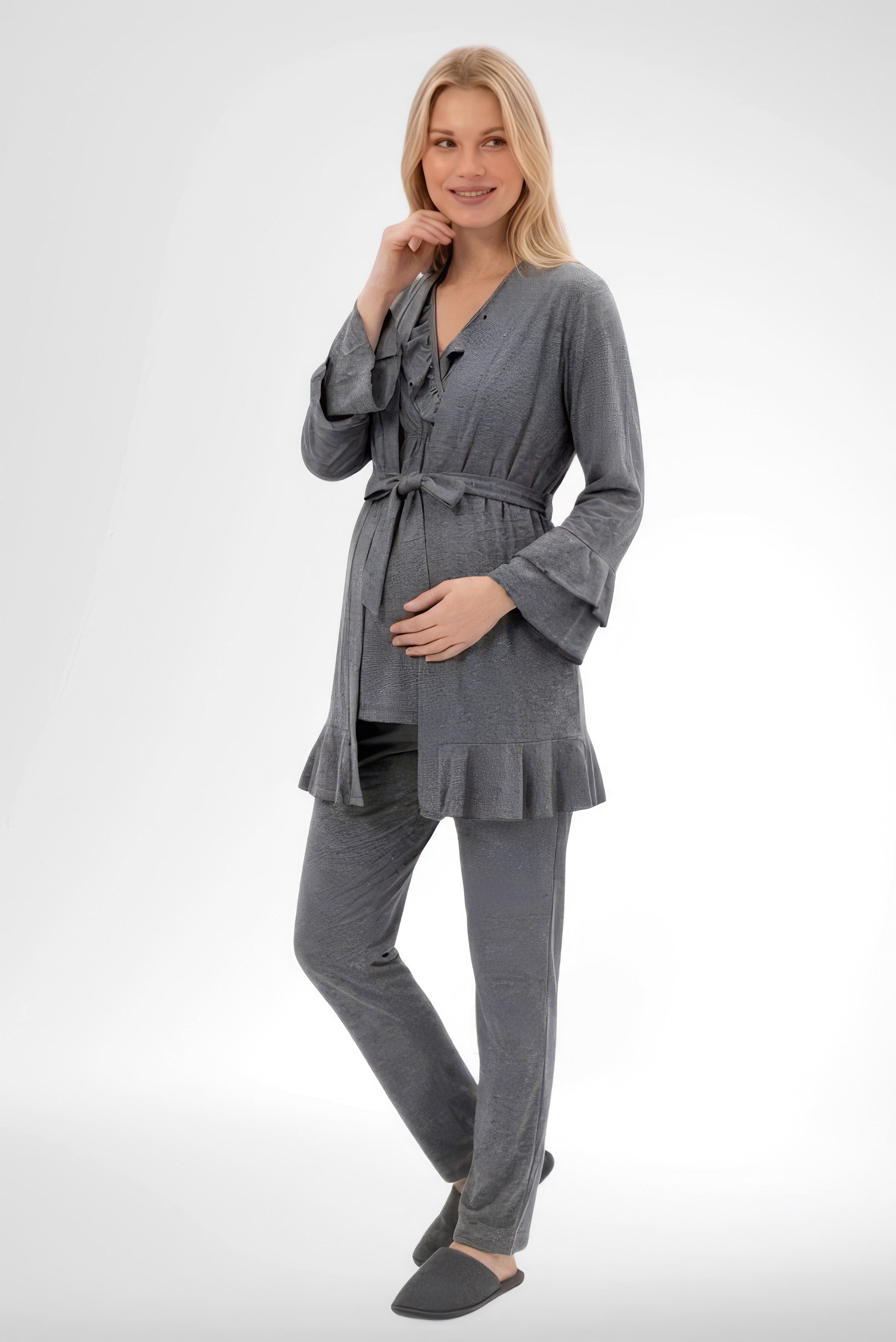 Mecit 6403 Füme Emzirme Özellikli Sabahlıklı Hamile Lohusa Pijama Takımı