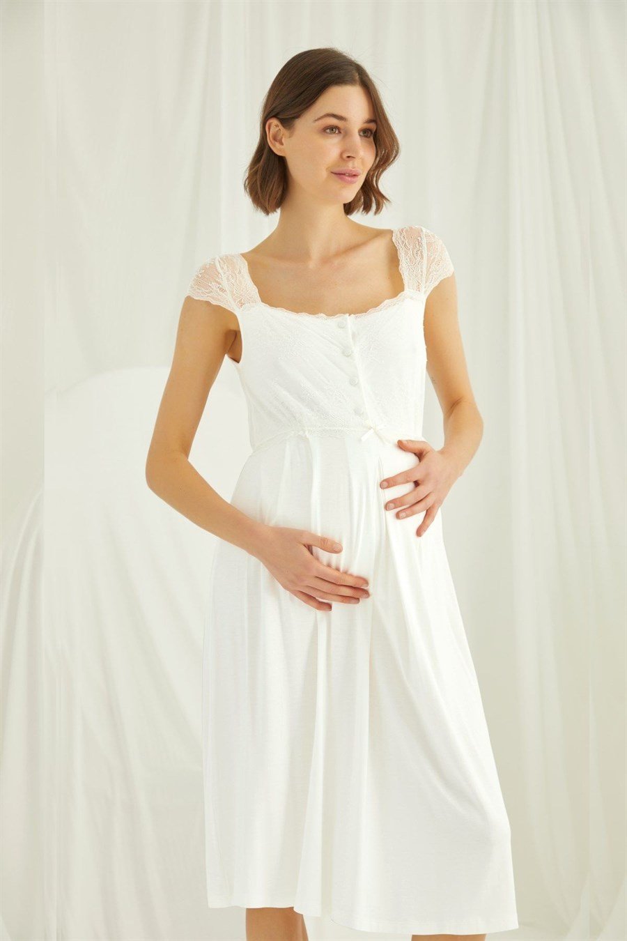 Monamise 18300 Ekru Dantelli Önü Düğmeli Hamile Lohusa Gecelik