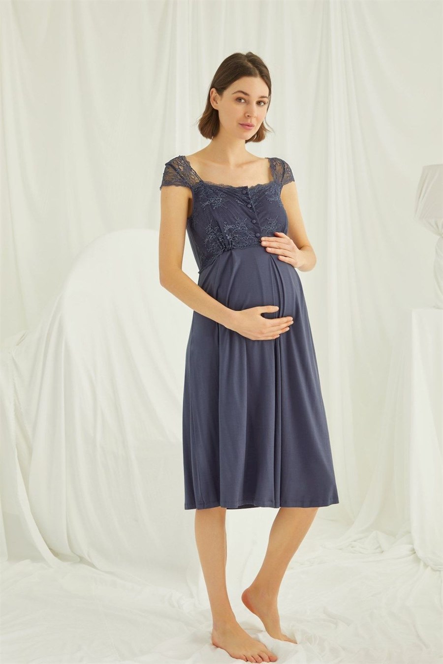 Monamise 18302 Lacivert Dantelli Önü Düğmeli Hamile Lohusa Gecelik