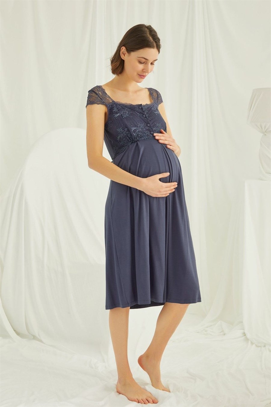 Monamise 18302 Lacivert Dantelli Önü Düğmeli Hamile Lohusa Gecelik