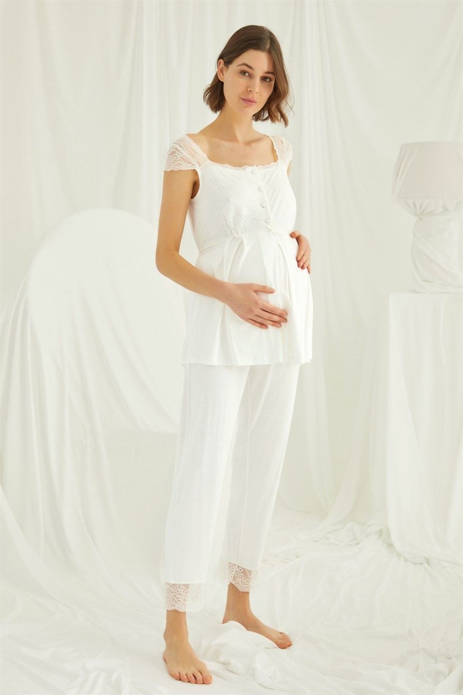 Monamise 18303 Ekru Dantelli Önü Düğmeli Hamile Lohusa Pijama Takımı