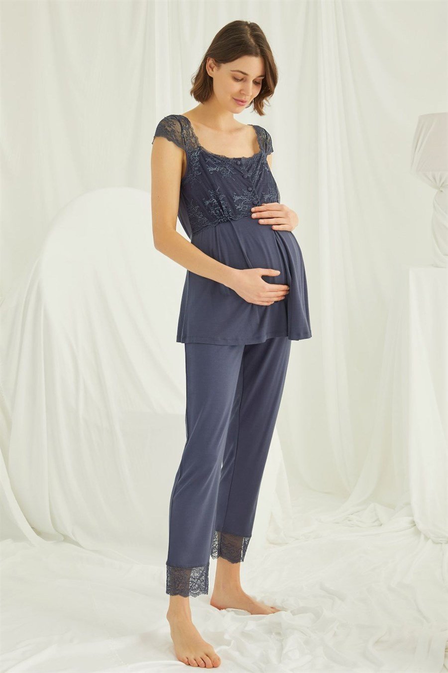 Monamise 18305 Lacivert Dantelli Önü Düğmeli Hamile Lohusa Pijama Takımı