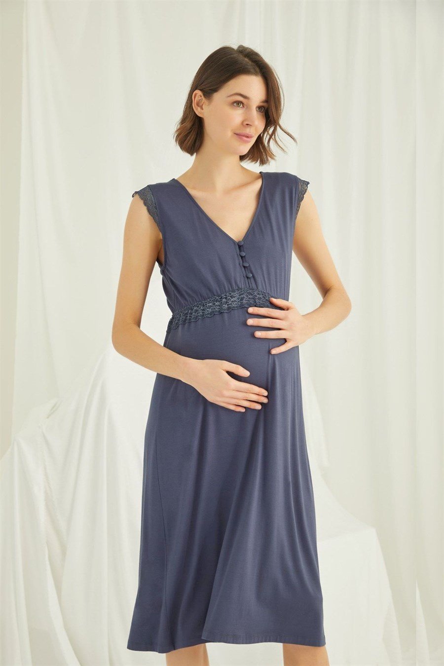Monamise 18448 Lacivert Sıfır Kol Hamile Lohusa Gecelik