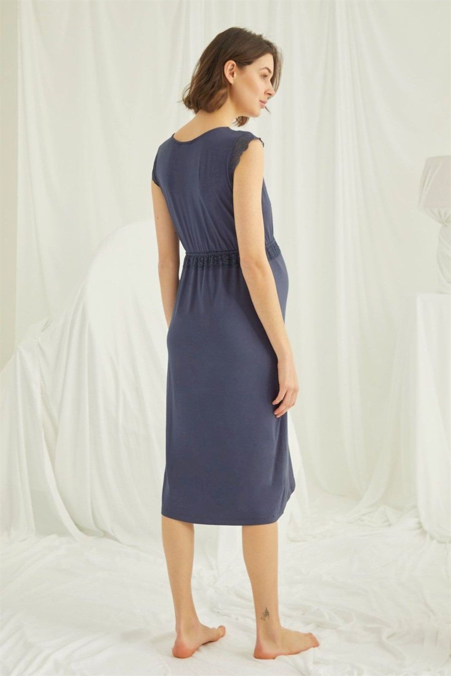 Monamise 18448 Lacivert Sıfır Kol Hamile Lohusa Gecelik