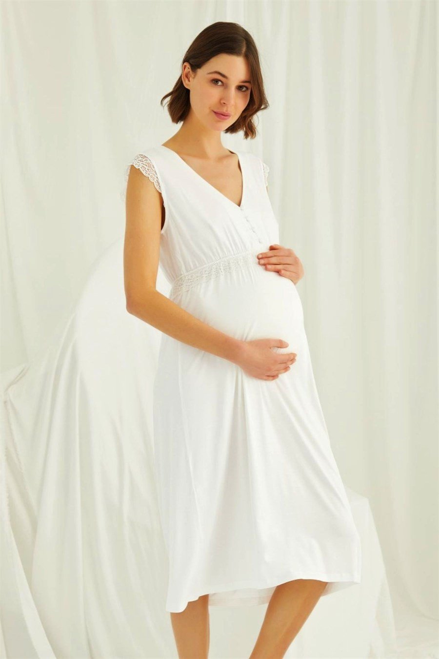 Monamise 18450 Ekru Sıfır Kol Hamile Lohusa Gecelik