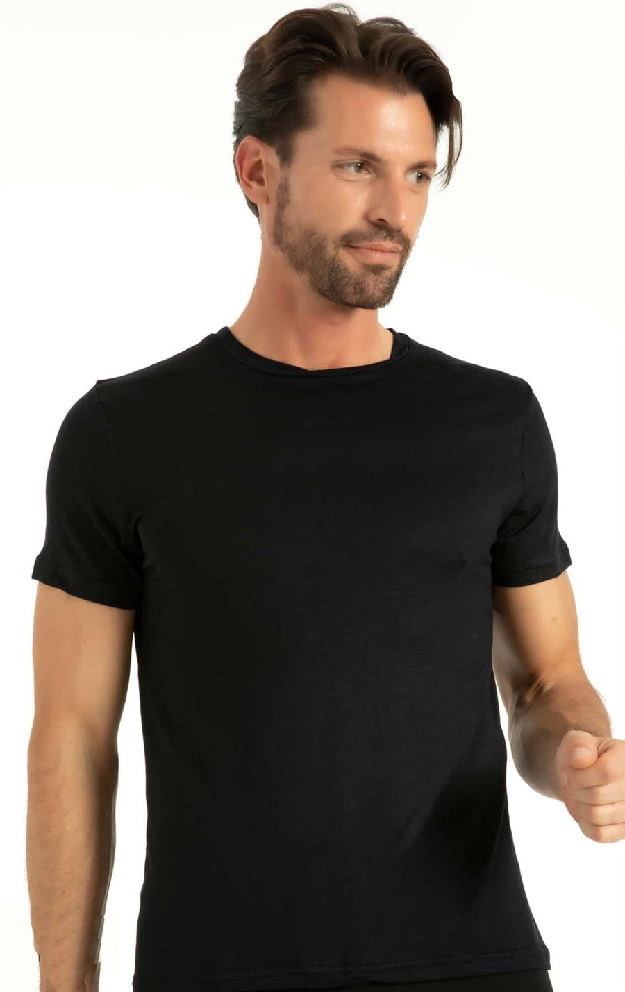 Q-En 602 Siyah Bambu Sıfır Yaka Kısa Kol Fanila