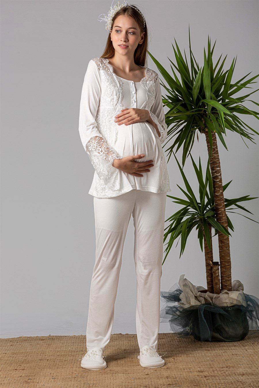 Şık Mecit 25015 Ekru Dantelli Hamile Lohusa Pijama Takımı