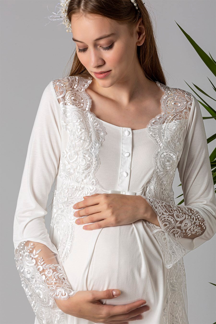 Şık Mecit 25015 Ekru Dantelli Hamile Lohusa Pijama Takımı