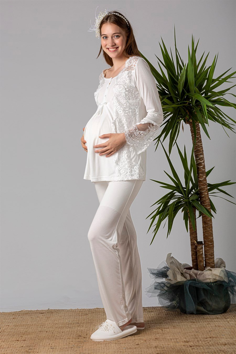 Şık Mecit 25015 Ekru Dantelli Hamile Lohusa Pijama Takımı