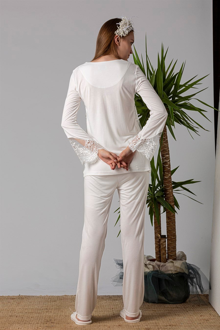 Şık Mecit 25015 Ekru Dantelli Hamile Lohusa Pijama Takımı