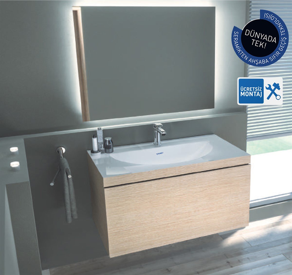 Duravit Darling New C-Bonded 100cm Tek Çekmeceli Dolap + Ayna + Lavabo + Batarya