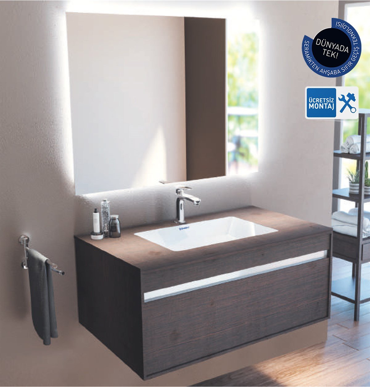 Duravit Ketho F-Bonded 120cm Tek Çekmeceli Dolap + Ayna + Lavabo + Batarya