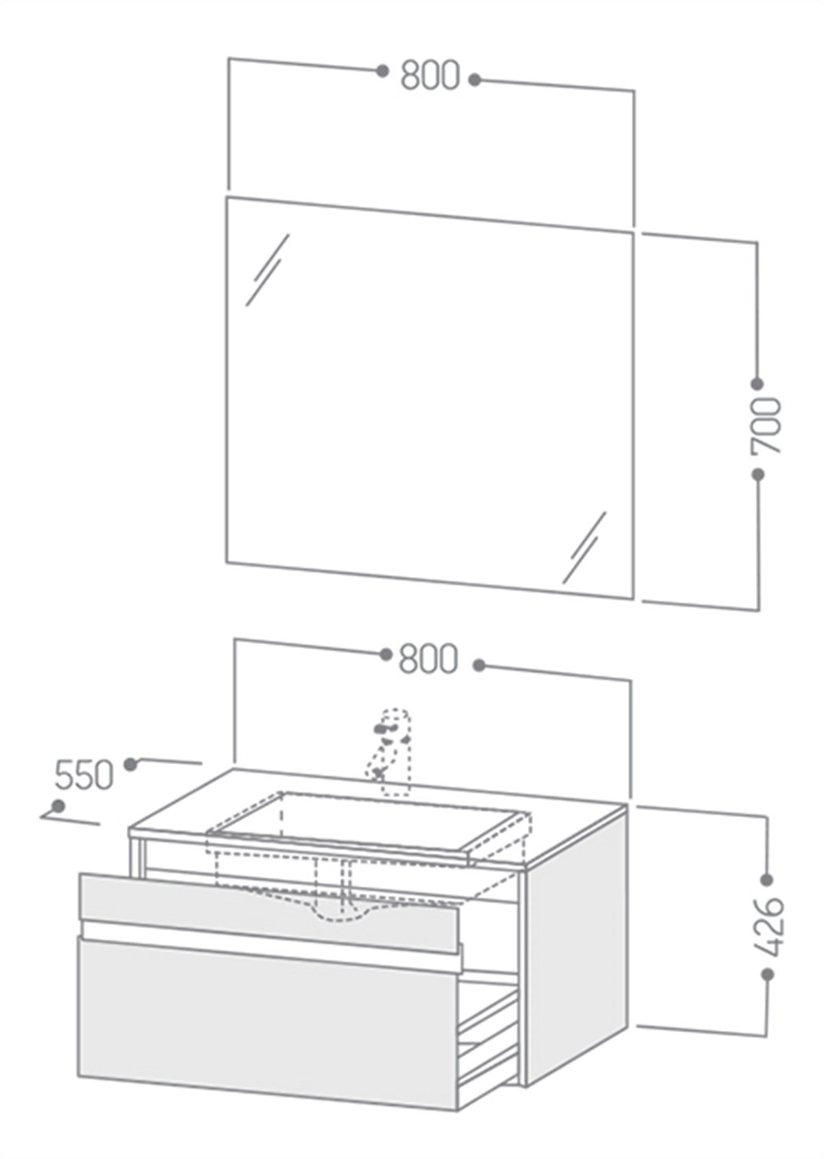 Duravit Ketho F-Bonded 80cm Tek Çekmeceli Dolap + Ayna + Lavabo + Batarya