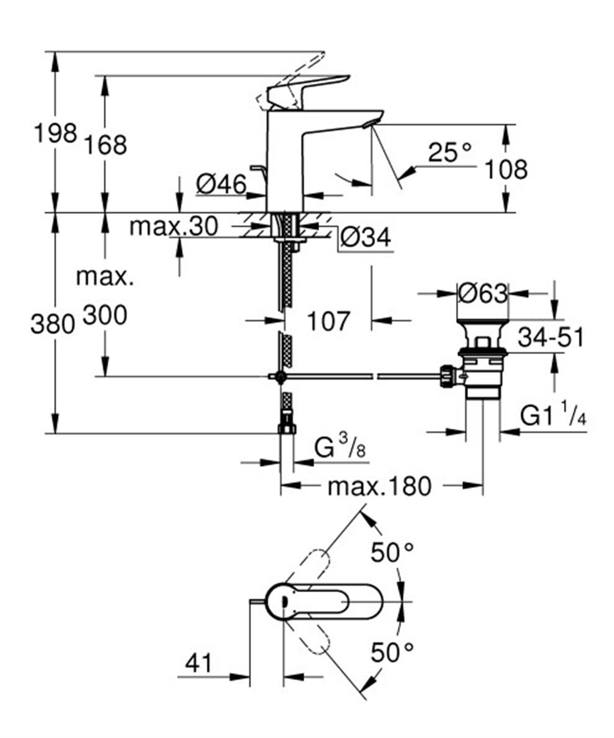 Grohe BauEdge Lavabo Batarya Sifon Kumandalı M