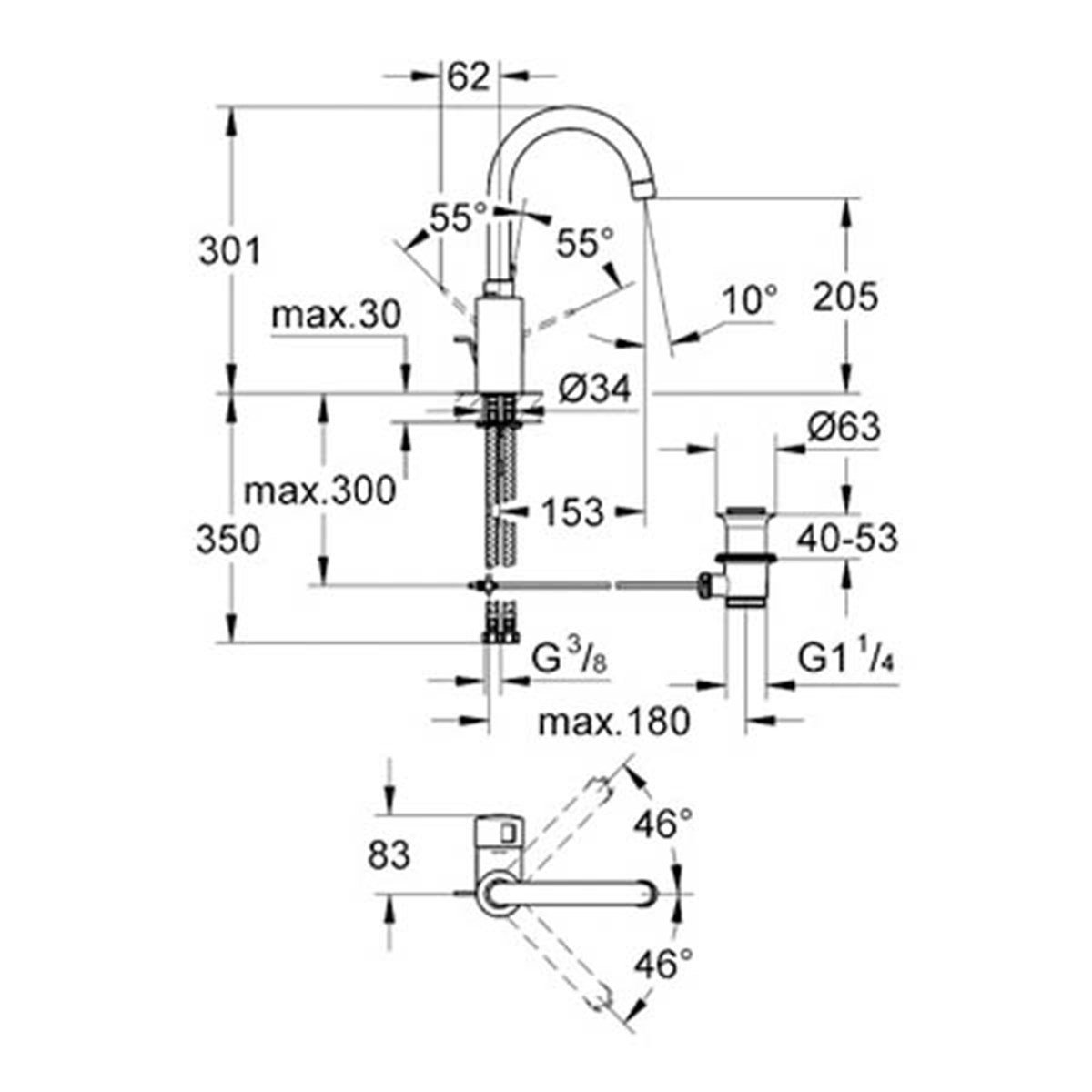 Grohe EuroSmart Cosmo Kuğu Lavabo Bataryası L - Boyut 