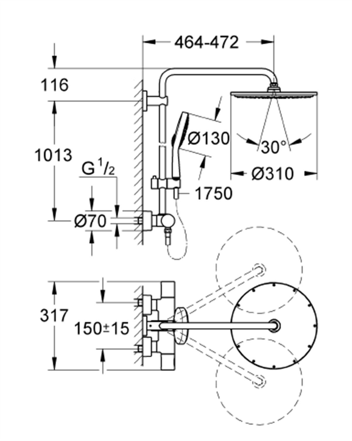 Grohe Rainshower® System 310 Duvara Monte Termostatik Duş Bataryalı Duş Sistemi