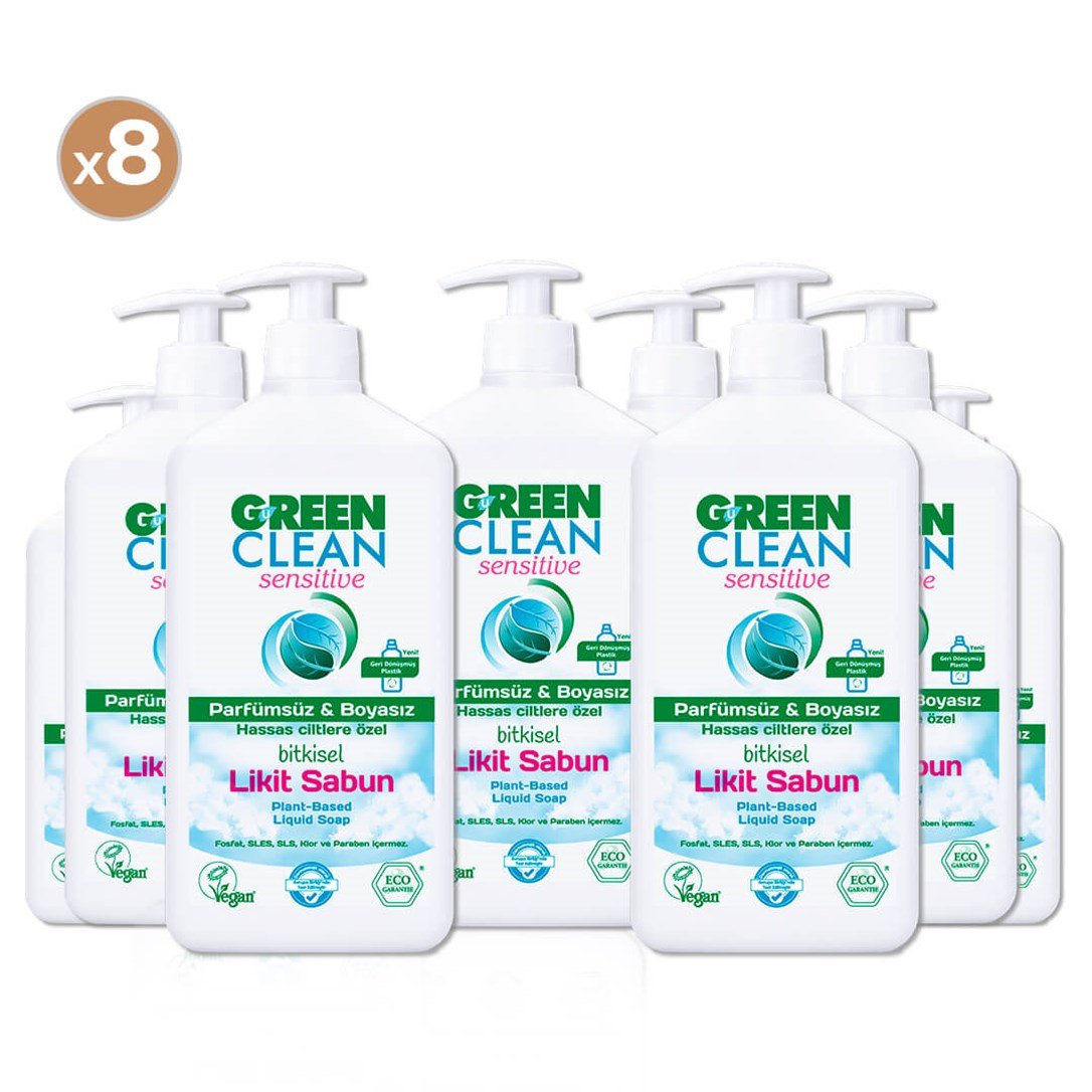 Green Clean Sensitive Bitkisel Likit Sabun 500 ml (8'li Paket)