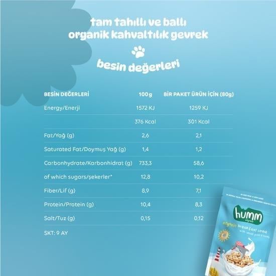 Humm Organik Tam Tahıllı ve Ballı Kahvaltılık Gevrek 80 G