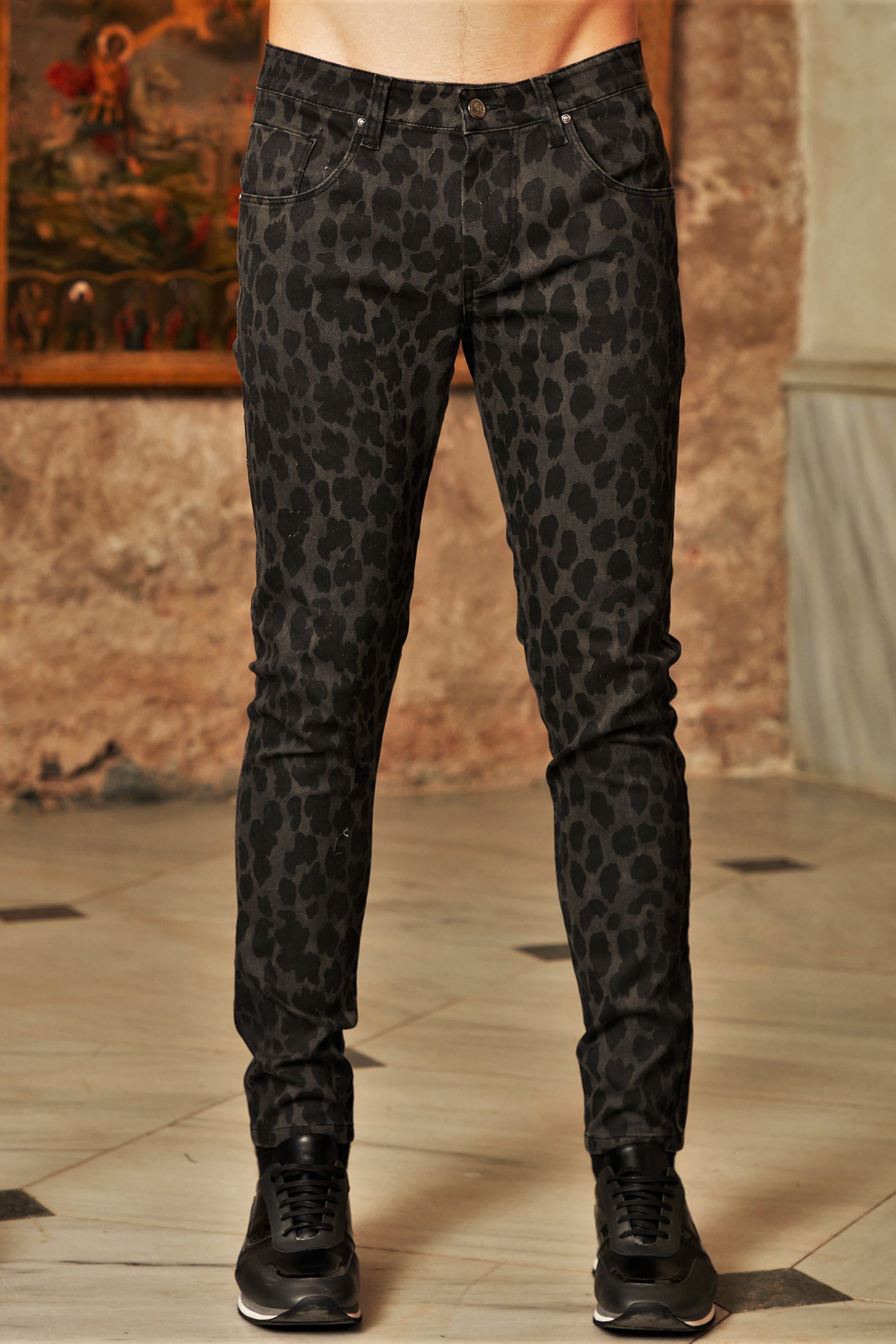 Antrasit Leopar Desenli Pantolon