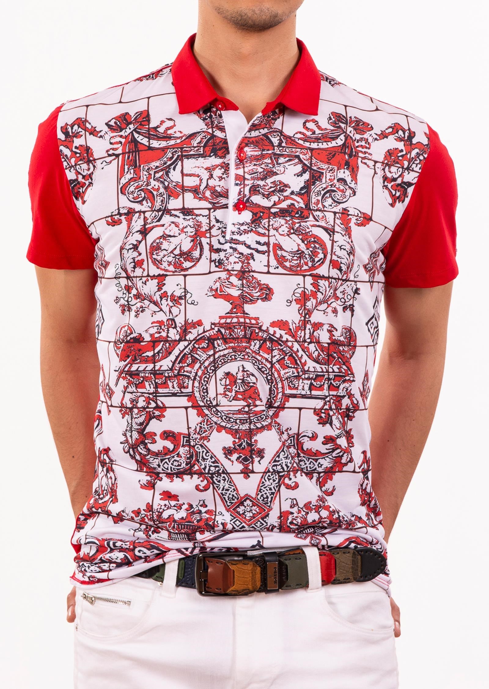 Beyaz Kırmızı Barok Desenli Polo Yaka T-Shirt