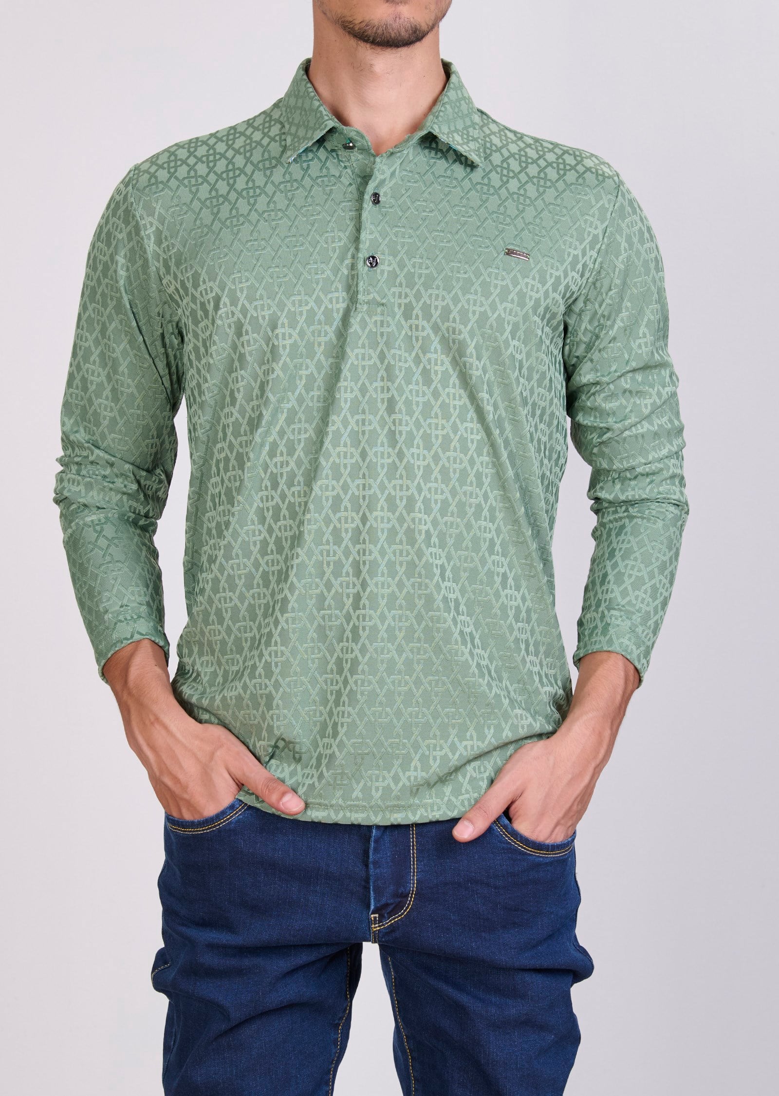 Desenli Polo Yaka Yeşil Sweatshirt