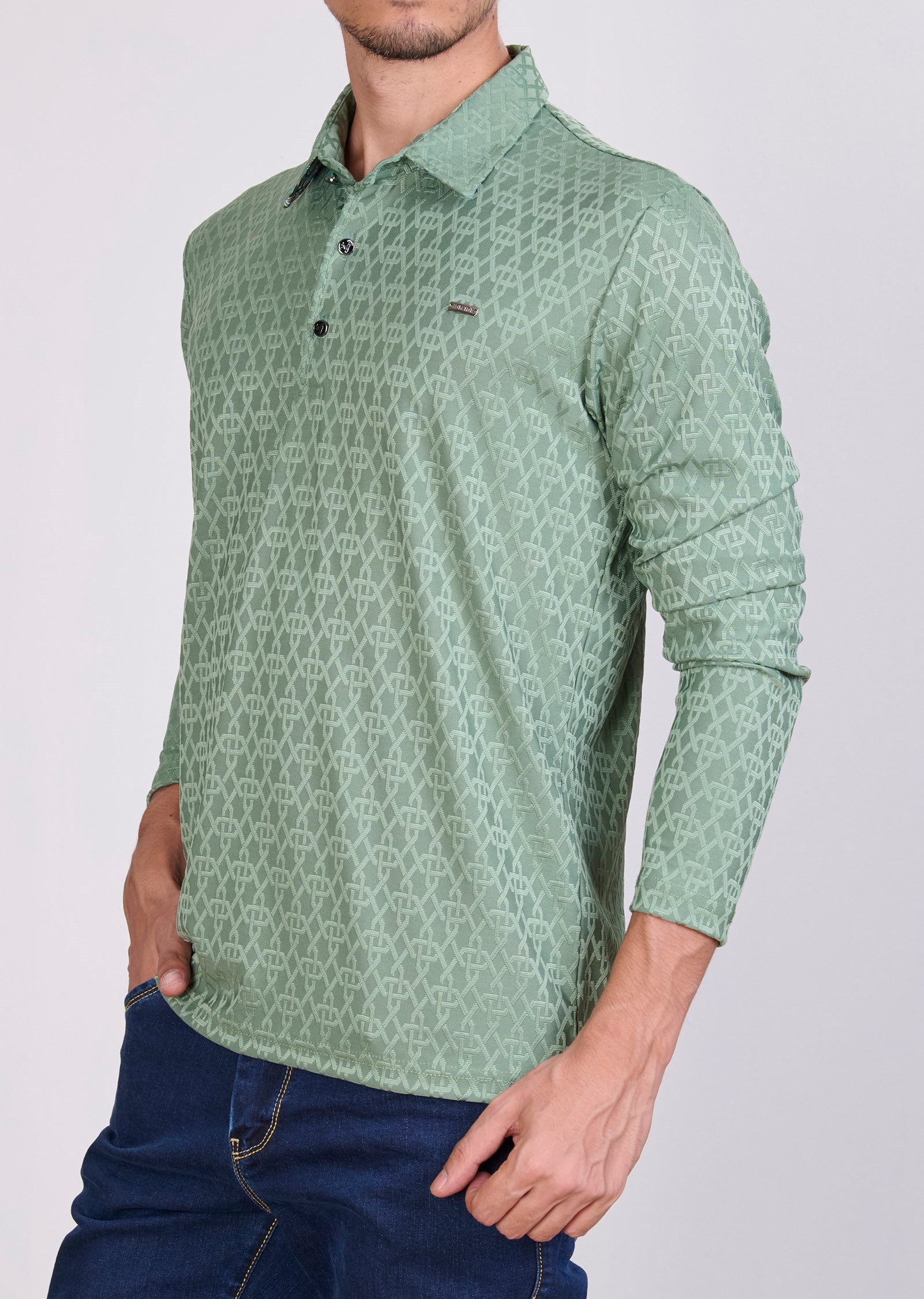 Desenli Polo Yaka Yeşil Sweatshirt