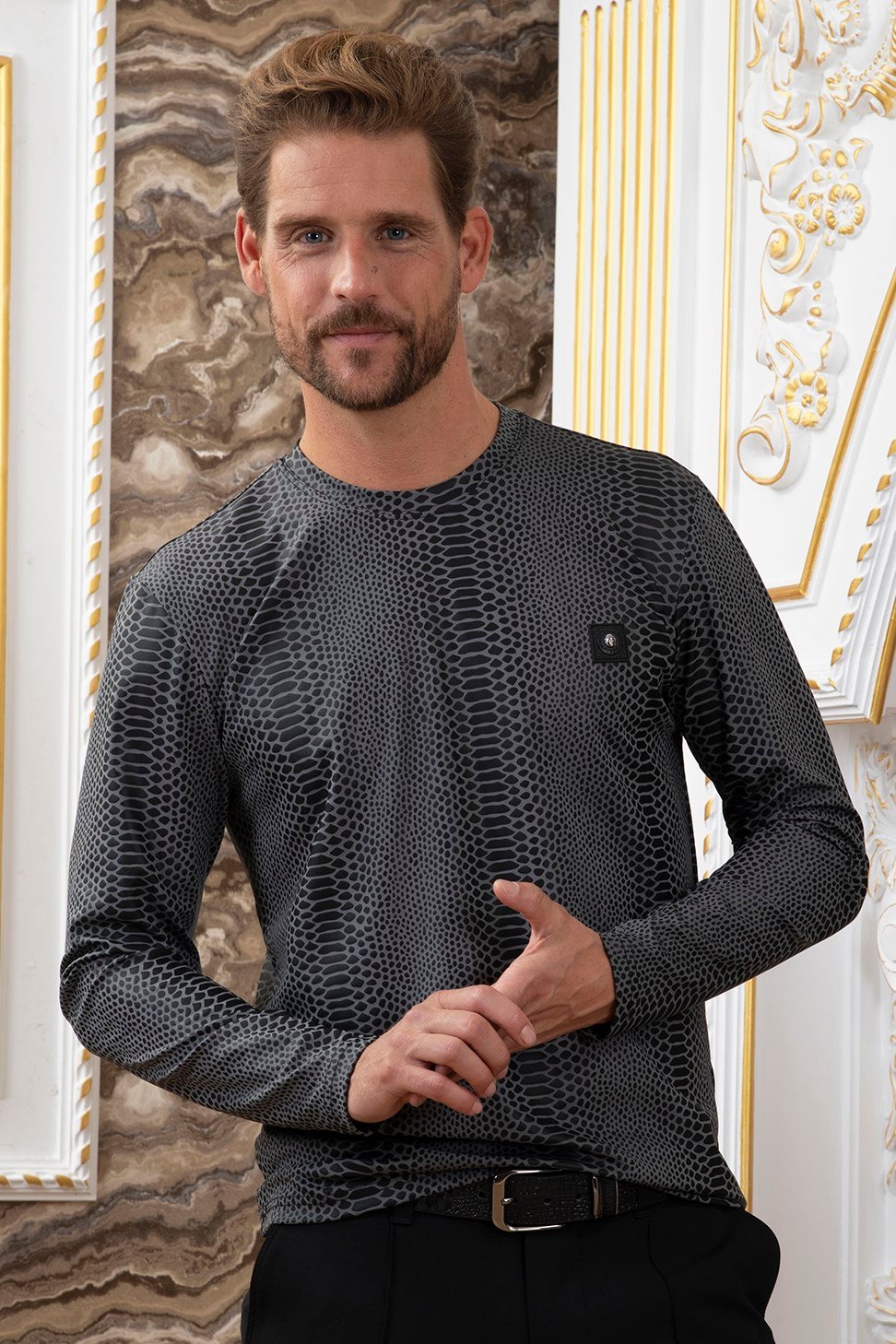 Gri Siyah Süet Baskı Detaylı Sweatshirt