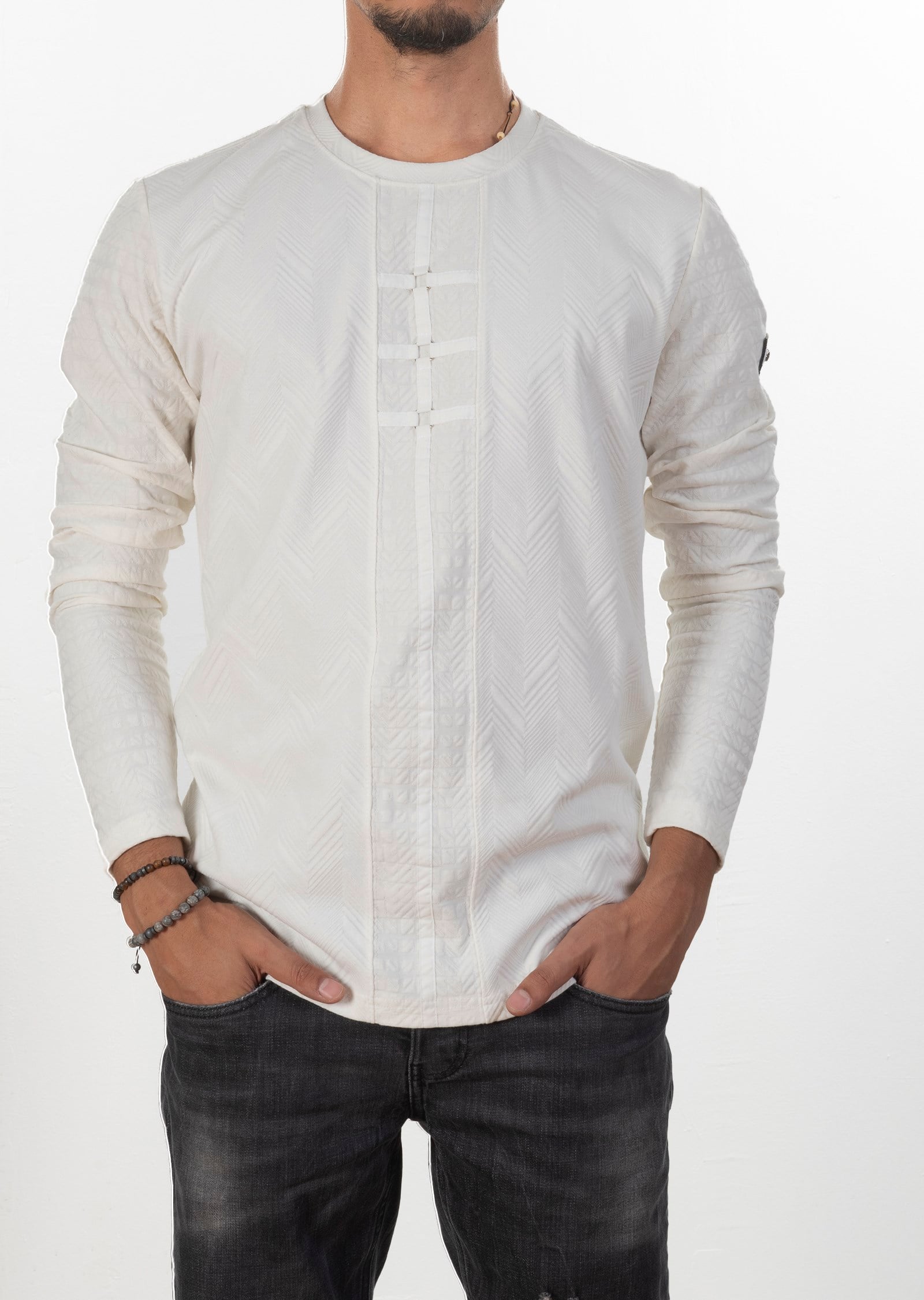 Kabartma Desenli Ekru Sweatshirt