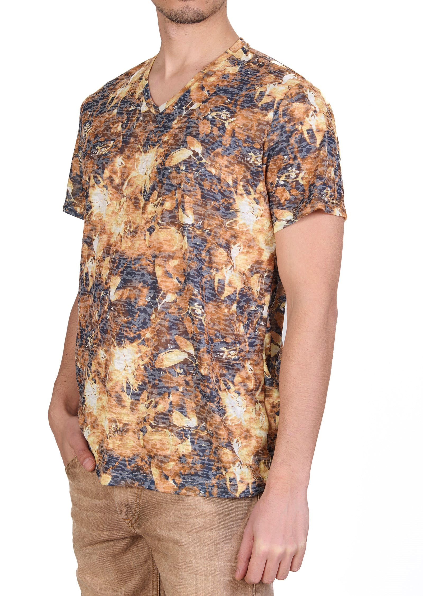 Kahve V-Yaka Devore Baskılı T-shirt