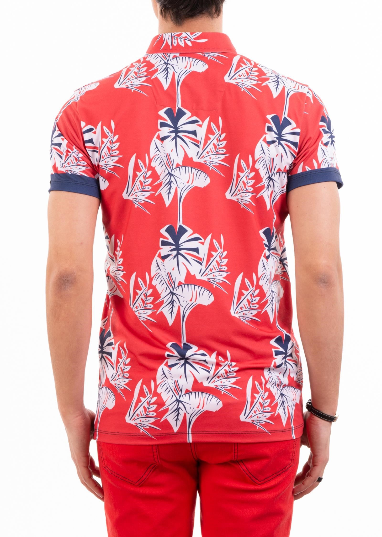 Kırmızı Çiçek Desenli Polo Yaka T-Shirt