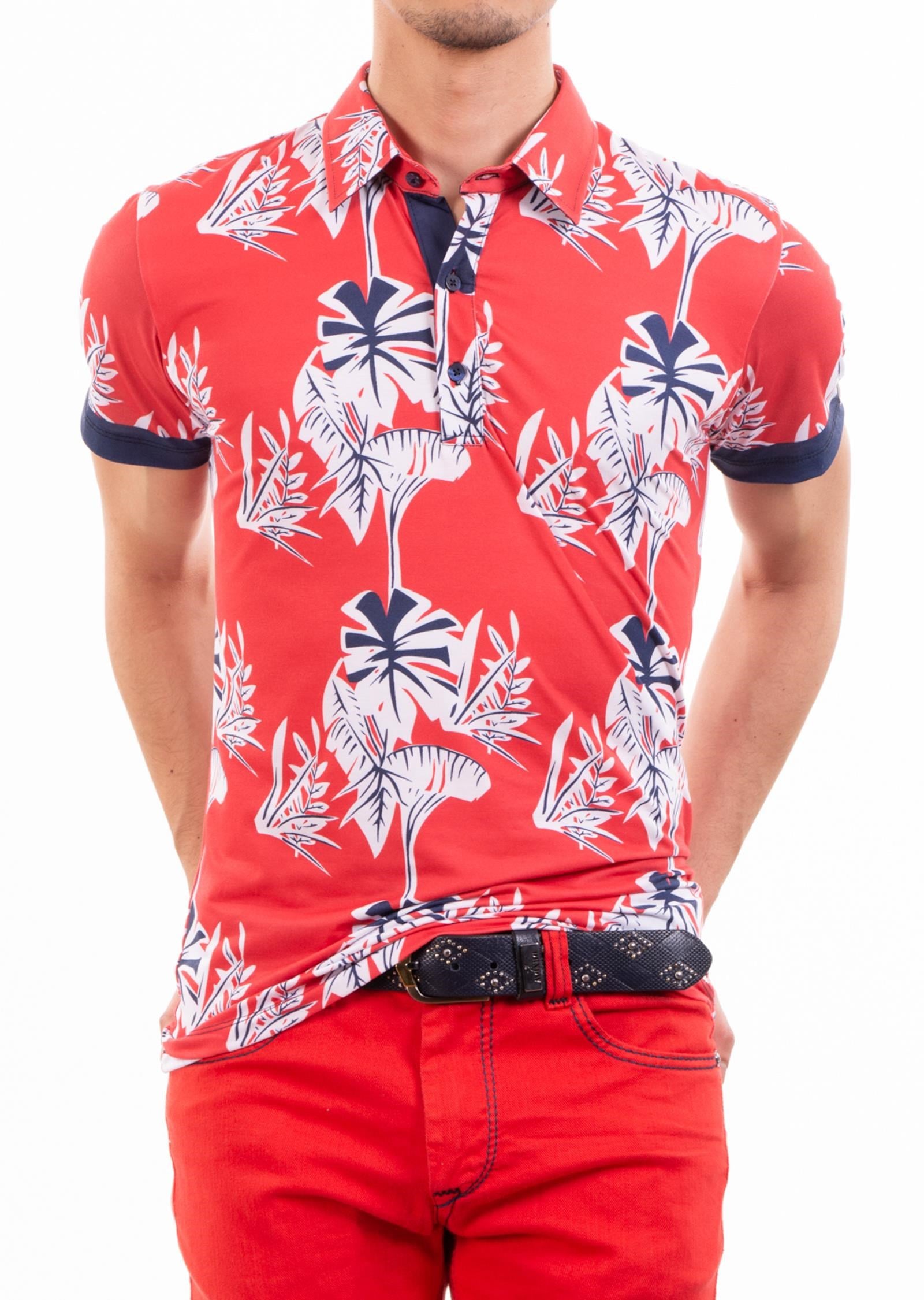 Kırmızı Çiçek Desenli Polo Yaka T-Shirt