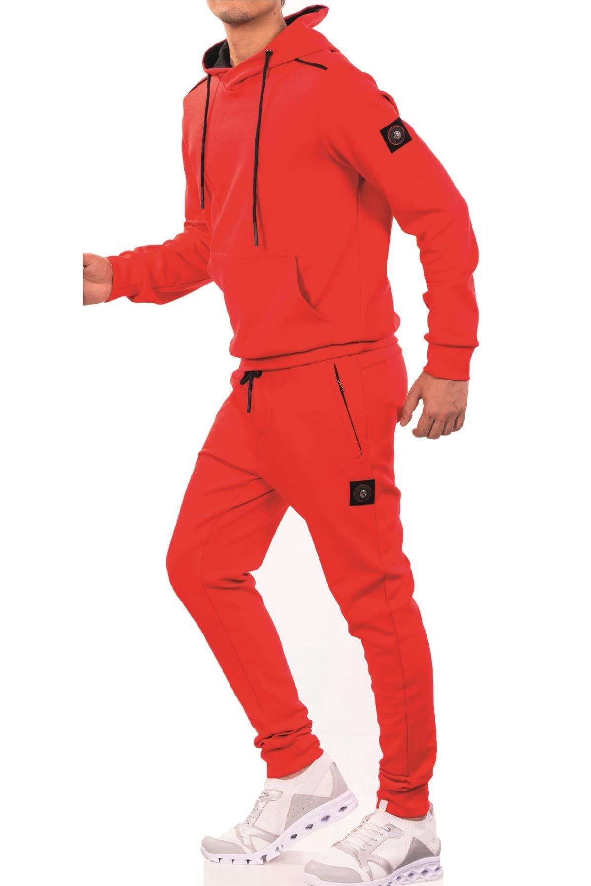 Kırmızı Kanguru Cepli Kapüşonlu Jogging Takımı